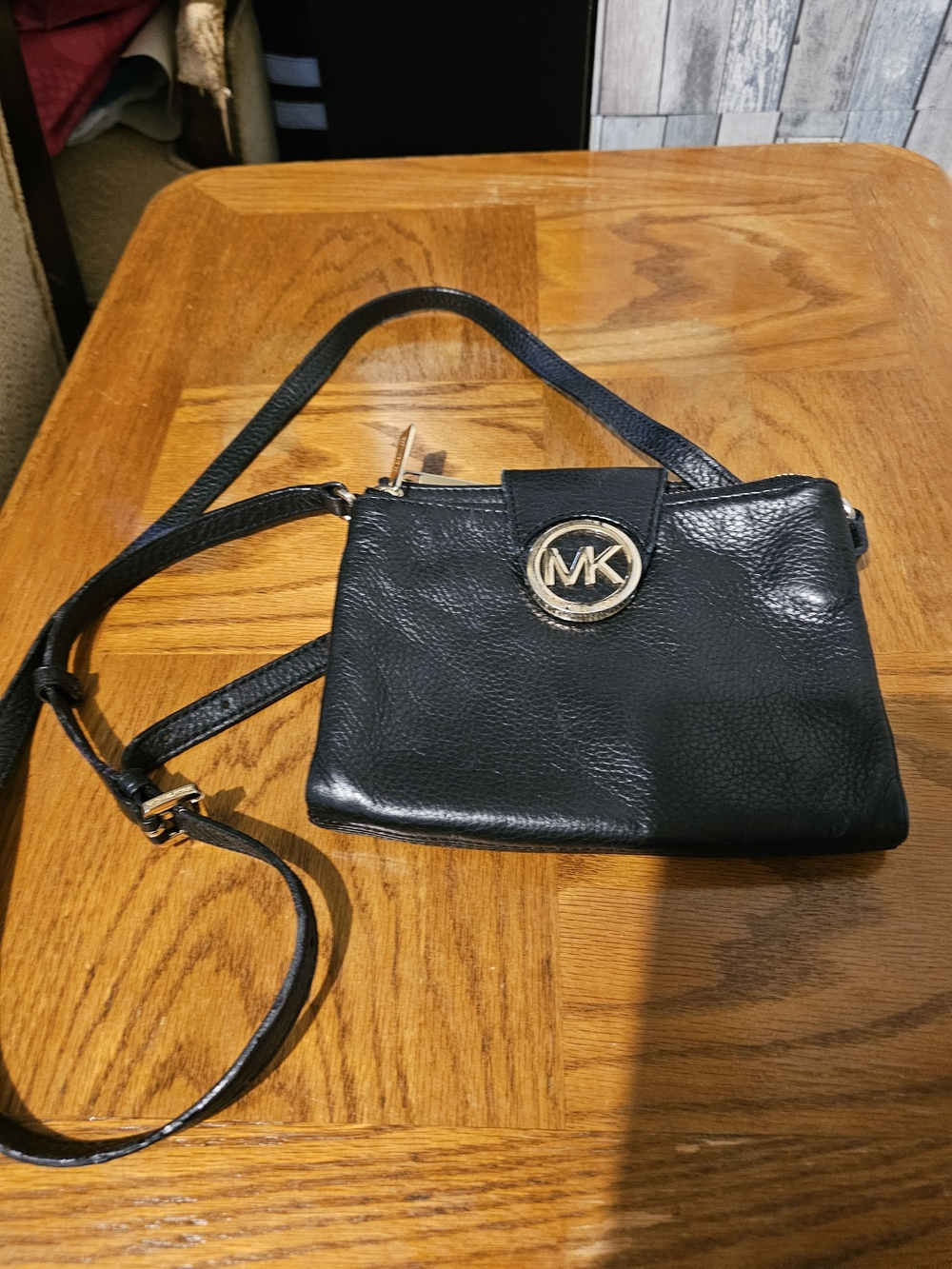 Michael Kors Black Leather Crossbody with Gold MK Logo